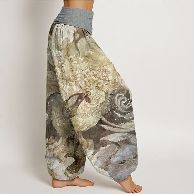 Buddha Stones Phoenix Lotus Pattern Women's Elastic Waist Harem Pants