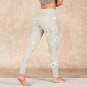 Buddha Stones Beige Plum Blossoms Print Gym Leggings Women's Yoga Pants