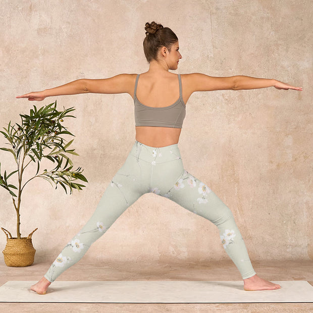Buddha Stones Beige Plum Blossoms Print Gym Leggings Women's Yoga Pants - image 12