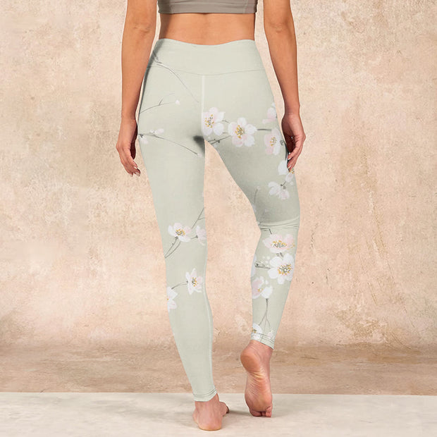 Buddha Stones Beige Plum Blossoms Print Gym Leggings Women's Yoga Pants