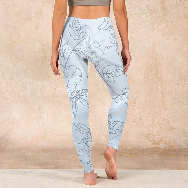 Buddha Stones Peony Flower Leaves Print Gym Leggings Women's Yoga Pants