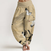 Buddha Stones Flying Crane Auspicious Clouds Wild Grasses Mountain Pattern Women's Elastic Waist Harem Pants