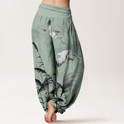 Buddha Stones Flying Crane Auspicious Clouds Wild Grasses Mountain Pattern Women's Elastic Waist Harem Pants