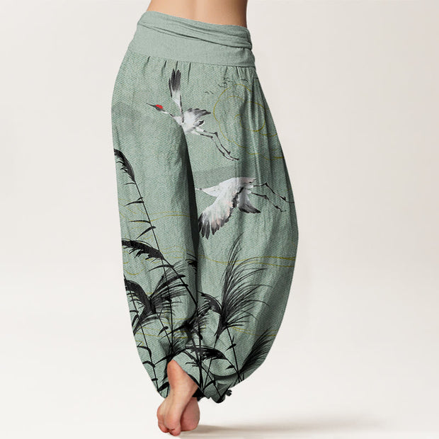 Buddha Stones Flying Crane Auspicious Clouds Wild Grasses Mountain Pattern Women's Elastic Waist Harem Pants