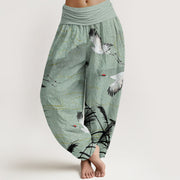 Buddha Stones Flying Crane Auspicious Clouds Wild Grasses Mountain Pattern Women's Elastic Waist Harem Pants