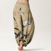 Buddha Stones Flying Crane Auspicious Clouds Wild Grasses Mountain Pattern Women's Elastic Waist Harem Pants