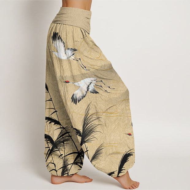 Buddha Stones Flying Crane Auspicious Clouds Wild Grasses Mountain Pattern Women's Elastic Waist Harem Pants