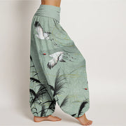 Buddha Stones Flying Crane Auspicious Clouds Wild Grasses Mountain Pattern Women's Elastic Waist Harem Pants