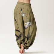 Buddha Stones Flying Crane Auspicious Clouds Wild Grasses Mountain Pattern Women's Elastic Waist Harem Pants