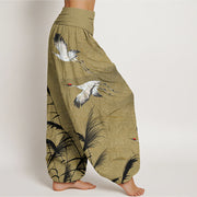 Buddha Stones Flying Crane Auspicious Clouds Wild Grasses Mountain Pattern Women's Elastic Waist Harem Pants