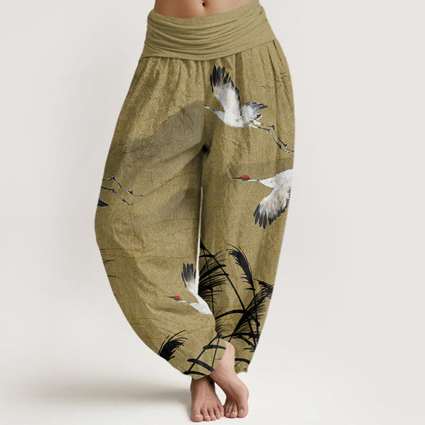 Buddha Stones Flying Crane Auspicious Clouds Wild Grasses Mountain Pattern Women's Elastic Waist Harem Pants