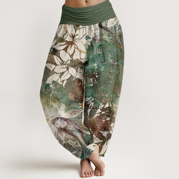 Buddha Stones Casual Flowers Fish Pattern Women's Elastic Waist Harem Pants