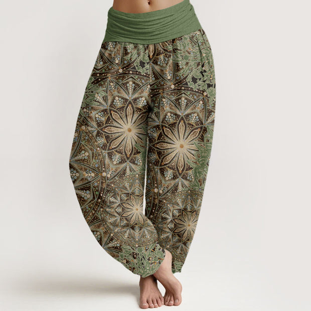 Buddha Stones Casual Brightly Overlapping Mandala Pattern Women's Elastic Waist Harem Pants