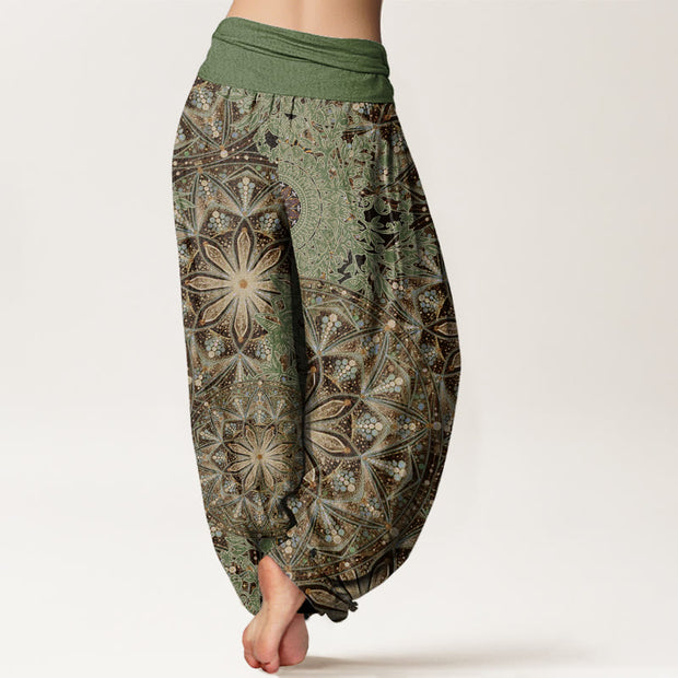 Buddha Stones Casual Brightly Overlapping Mandala Pattern Women's Elastic Waist Harem Pants