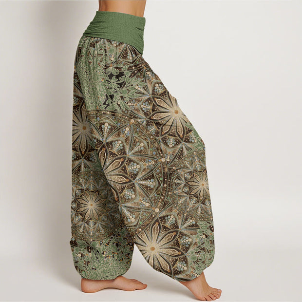 Buddha Stones Casual Brightly Overlapping Mandala Pattern Women's Elastic Waist Harem Pants