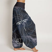 Buddha Stones The Eye Of Nepal Vajra Lotus Pattern Women's Elastic Waist Harem Pants