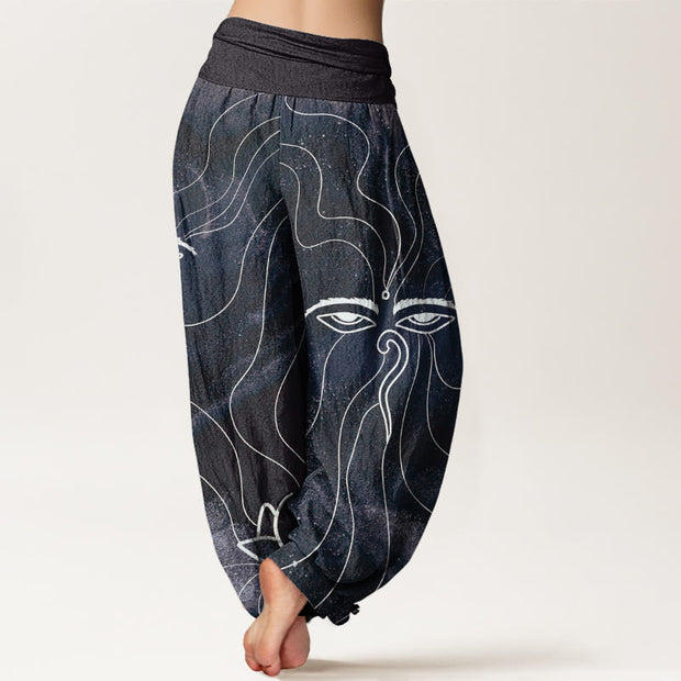 Buddha Stones The Eye Of Nepal Vajra Lotus Pattern Women's Elastic Waist Harem Pants