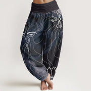 Buddha Stones The Eye Of Nepal Vajra Lotus Pattern Women's Elastic Waist Harem Pants