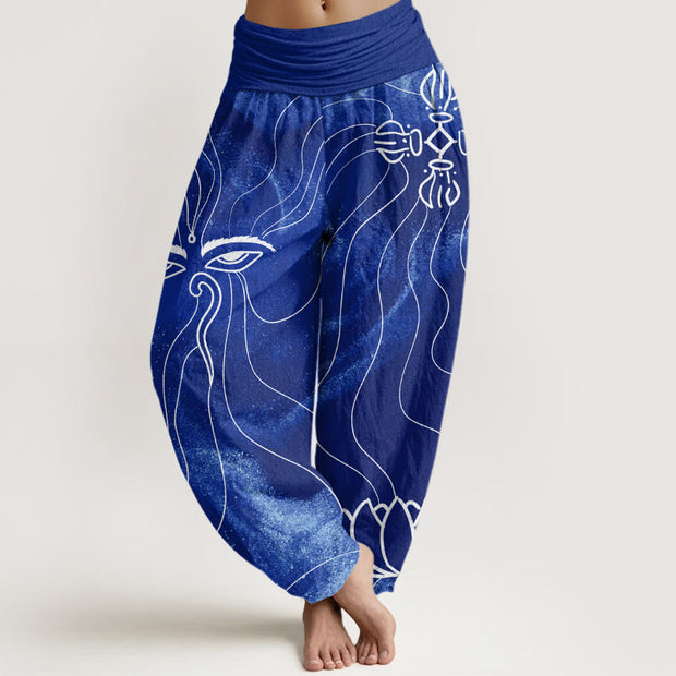 Buddha Stones The Eye Of Nepal Vajra Lotus Pattern Women's Elastic Waist Harem Pants