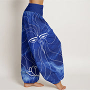 Buddha Stones The Eye Of Nepal Vajra Lotus Pattern Women's Elastic Waist Harem Pants