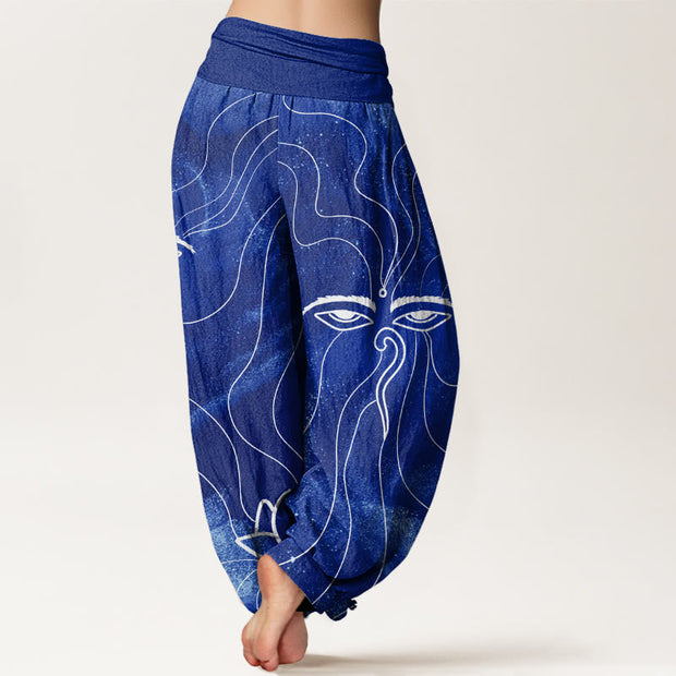 Buddha Stones The Eye Of Nepal Vajra Lotus Pattern Women's Elastic Waist Harem Pants