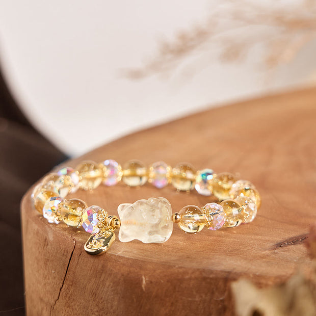 Buddha Stones Natural Citrine White Crystal Nine Tailed Fox Attracting Wealth Charm Energy Bracelet