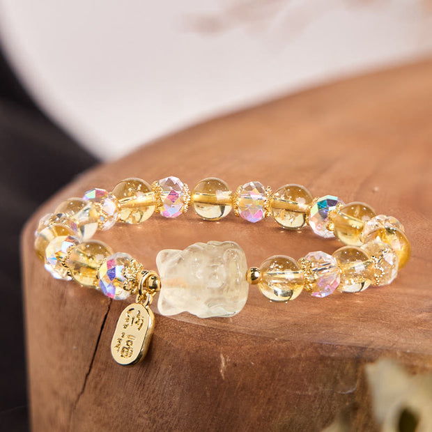 Buddha Stones Natural Citrine White Crystal Nine Tailed Fox Attracting Wealth Charm Energy Bracelet