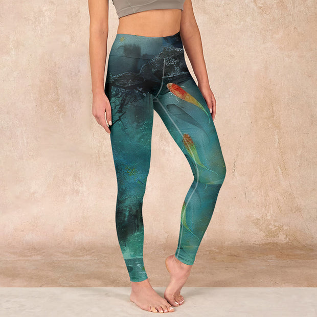 Buddha Stones Pond Koi Fish Rocks Print Sports Leggings Women's Yoga Pants Leggings BS DarkSeaGreen US18，UK/AU22，EU50 (4XL)