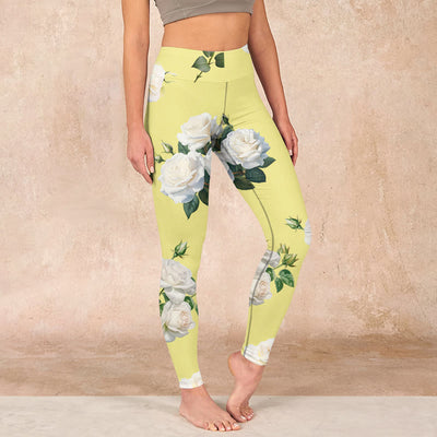 Buddha Stones Yellow White Rose Print Sports Leggings Women's Yoga Pants