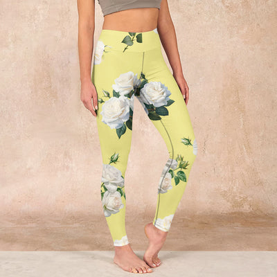 Buddha Stones Yellow White Rose Print Sports Leggings Women's Yoga Pants - Yellow - US18，UK/AU22，EU50 (4XL) - image 1