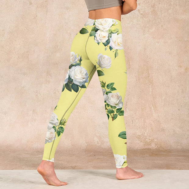 Buddha Stones Yellow White Rose Print Sports Leggings Women's Yoga Pants