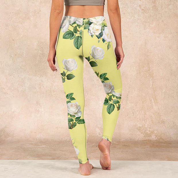 Buddha Stones Yellow White Rose Print Sports Leggings Women's Yoga Pants Leggings BS 15