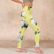 Buddha Stones Yellow White Rose Print Sports Leggings Women's Yoga Pants Leggings BS 17