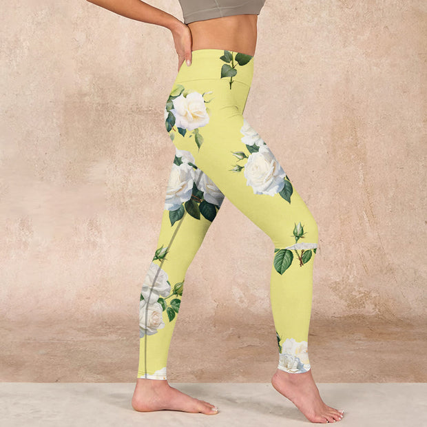 Buddha Stones Yellow White Rose Print Sports Leggings Women's Yoga Pants