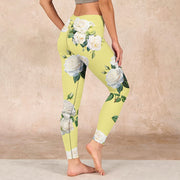 Buddha Stones Yellow White Rose Print Sports Leggings Women's Yoga Pants - image 3