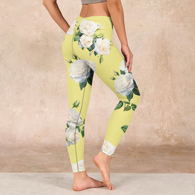 Buddha Stones Yellow White Rose Print Sports Leggings Women's Yoga Pants Leggings BS 2