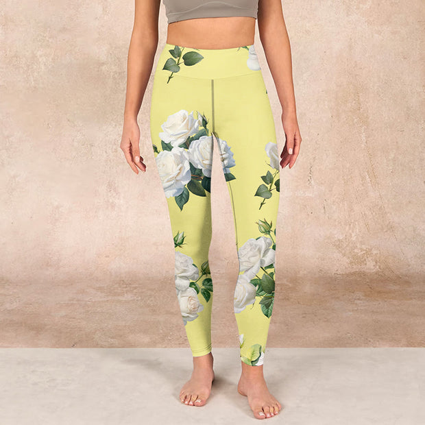 Buddha Stones Yellow White Rose Print Sports Leggings Women's Yoga Pants Leggings BS 1