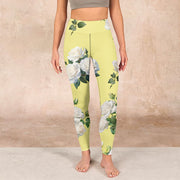 Buddha Stones Yellow White Rose Print Sports Leggings Women's Yoga Pants - image 2