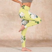 Buddha Stones Yellow White Rose Print Sports Leggings Women's Yoga Pants