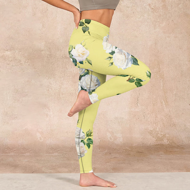 Buddha Stones Yellow White Rose Print Sports Leggings Women's Yoga Pants Leggings BS 16