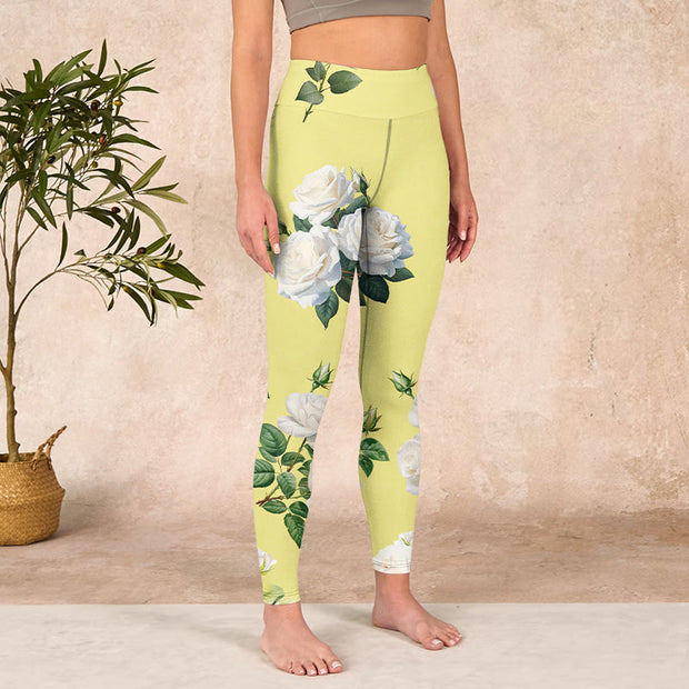 Buddha Stones Yellow White Rose Print Sports Leggings Women's Yoga Pants