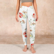 Buddha Stones White Daisy Red Flower Print Sports Leggings Women's Yoga Pants Leggings BS 1