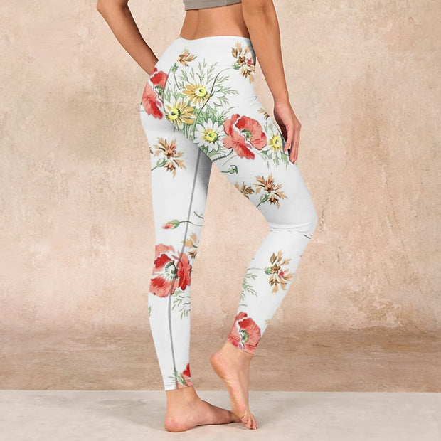 Buddha Stones White Daisy Red Flower Print Sports Leggings Women's Yoga Pants