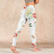 Buddha Stones White Daisy Red Flower Print Sports Leggings Women's Yoga Pants Leggings BS 4