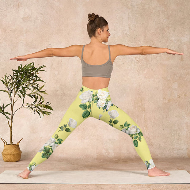 Buddha Stones Yellow White Rose Print Sports Leggings Women's Yoga Pants - image 11