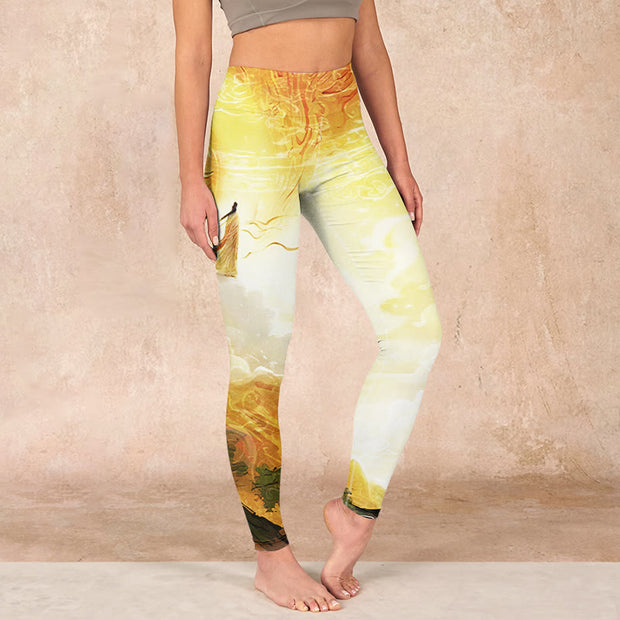 Buddha Stones Golden Auspicious Cloud Figure Print Fitness Leggings Women's Yoga Pants - LightGoldenrodYellow - US18，UK/AU22，EU50 (4XL) - image 1