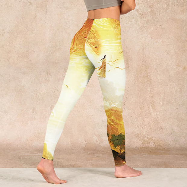 Buddha Stones Golden Auspicious Cloud Figure Print Fitness Leggings Women's Yoga Pants Leggings BS 4