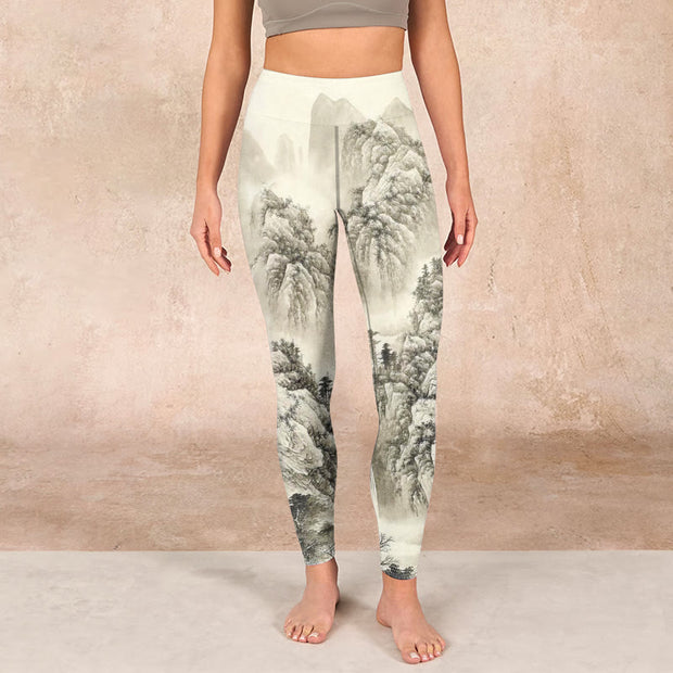 Buddha Stones Mountain Tree River Scenery Print Sports Leggings Women's Yoga Pants