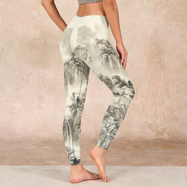 Buddha Stones Mountain Tree River Scenery Print Sports Leggings Women's Yoga Pants