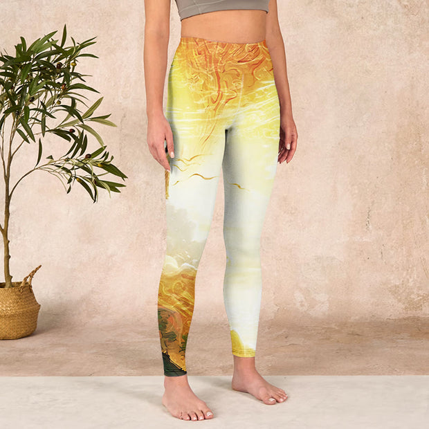 Buddha Stones Golden Auspicious Cloud Figure Print Fitness Leggings Women's Yoga Pants Leggings BS 3